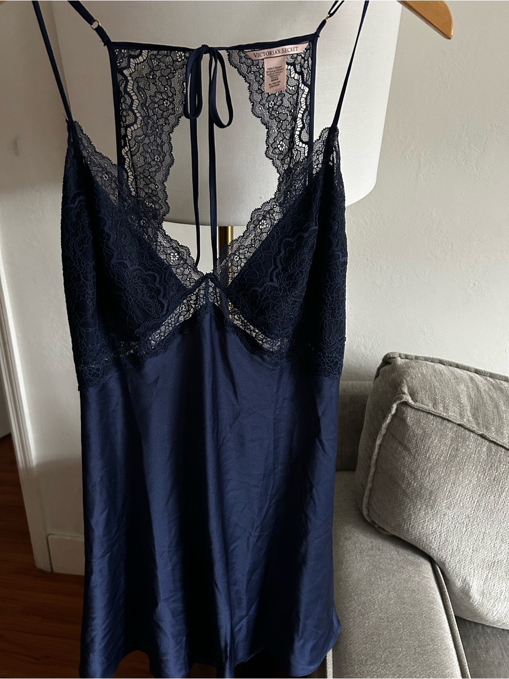 Victoria's Secret Stretch Satin Lace Cutout Slip XL Navy